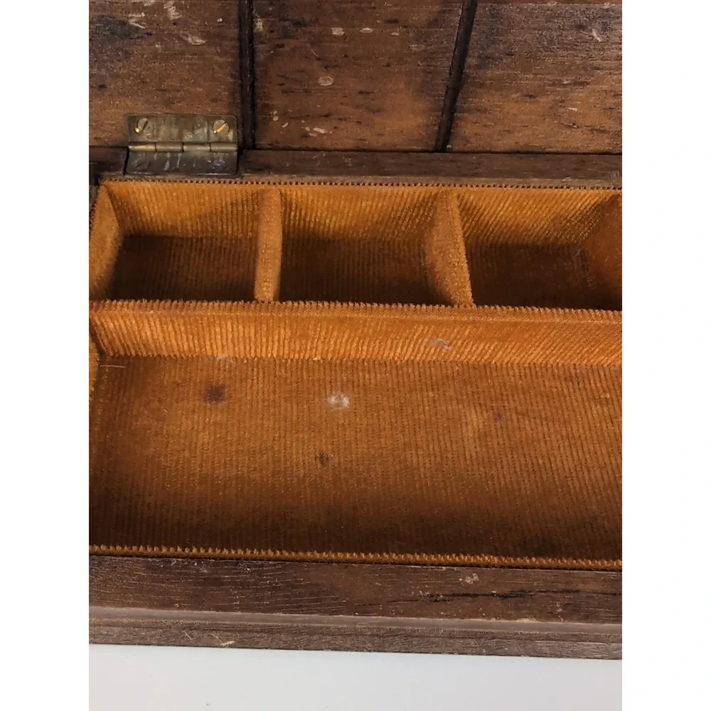 Vintage Wood Jewelry Box Hinged Lid Orange Interior 